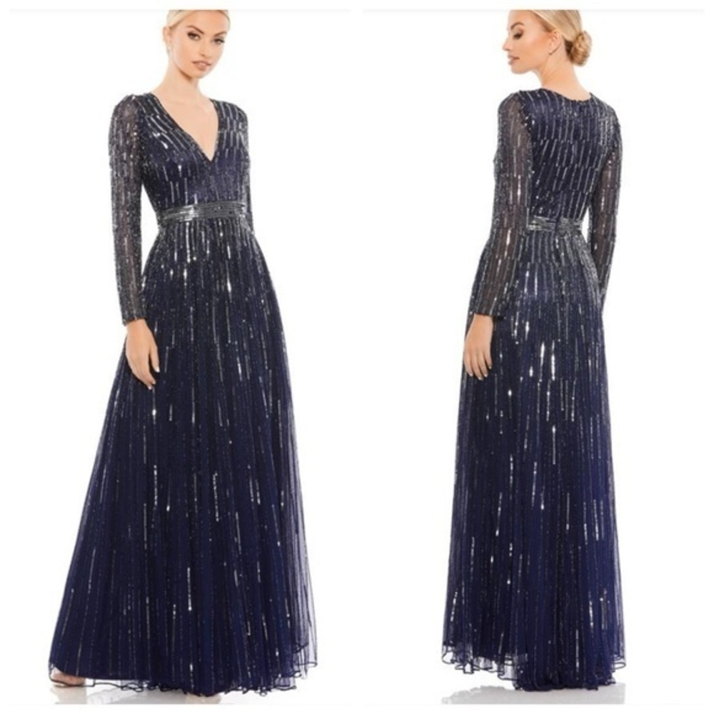 New MAC DUGGAL 4977 V-Neck Sequin Bead Long Sleeve A Line Dress Size 10